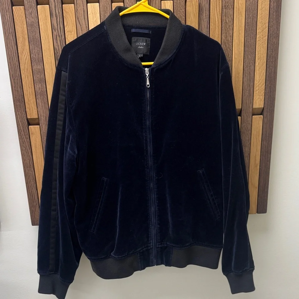 J. Crew Ludlow Navy Velvet Bomber Jacket with Tuxedo Stripe, size L